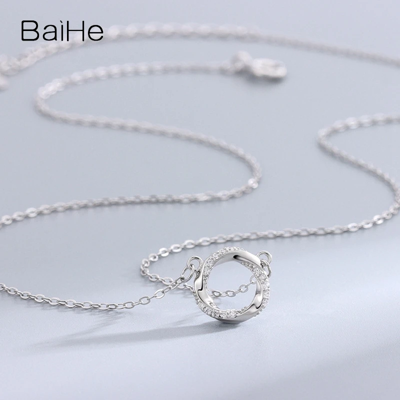 Baihe Solid 14K White/Yellow/Rose Gold moissanite Round Pendant Temperament Collar Chain Necklace Women Men Trendy Fine Jewelry