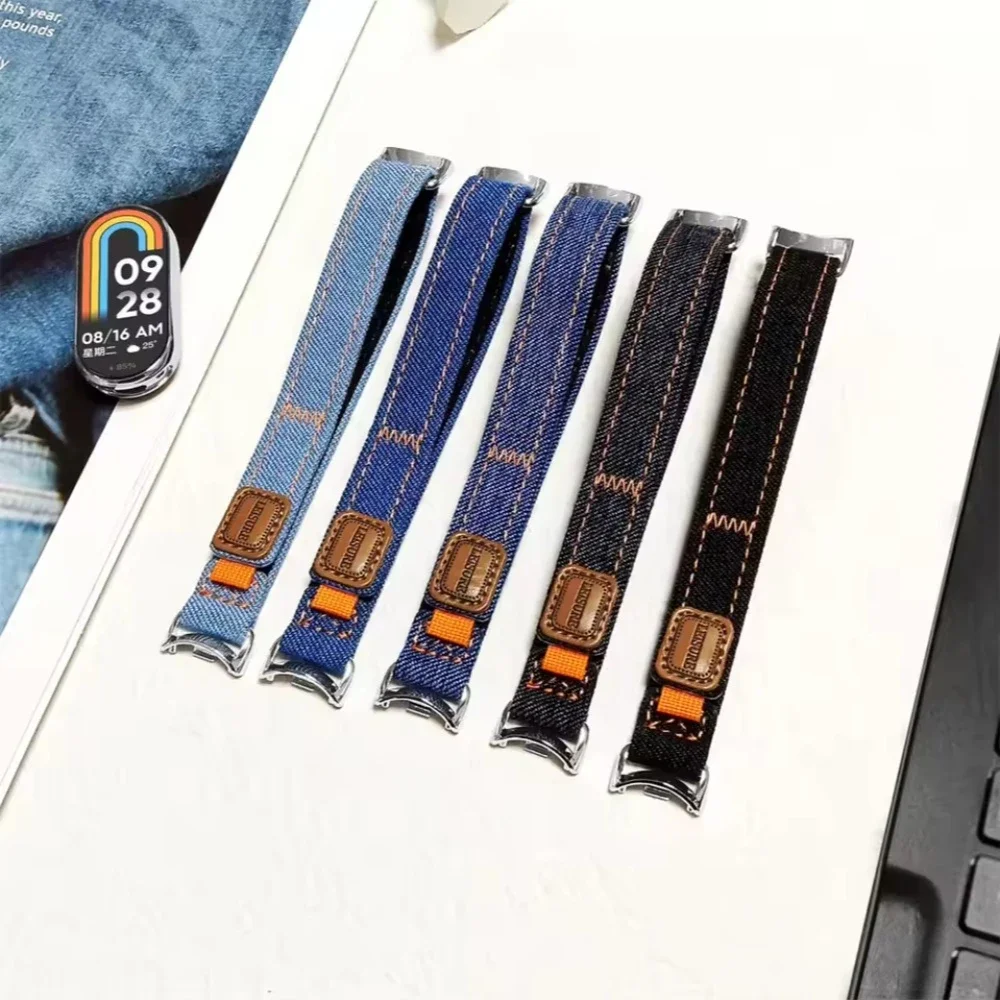 สายรัดข้อมือเดนิมแบบสปอร์ตสำหรับ Xiaomi Band 10/9/8 รุ่นใหม่สำหรับผู้หญิง สายนาฬิกาอัจฉริยะแบบนุ่ม สวมใส่สบาย สายรัดข้อมือสำหรับ Mi Band 9/8 ปรับได้