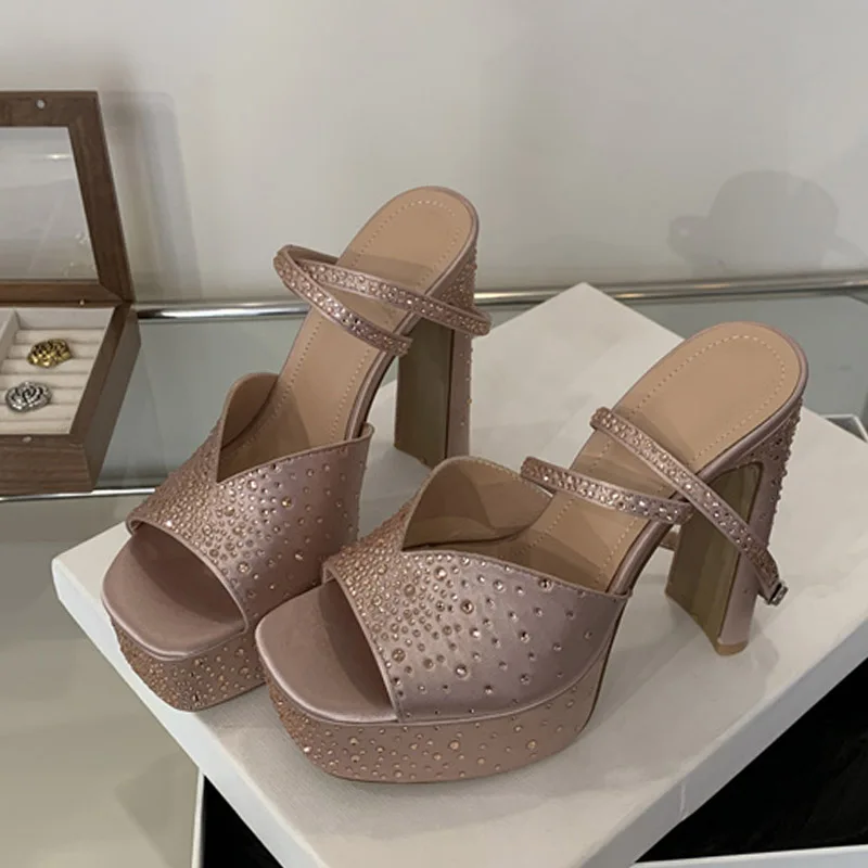 Liyke moda strass tacchi alti sandali sexy da donna cinturino alla caviglia in seta di cristallo punta quadrata femminile scarpe con plateau robuste nere