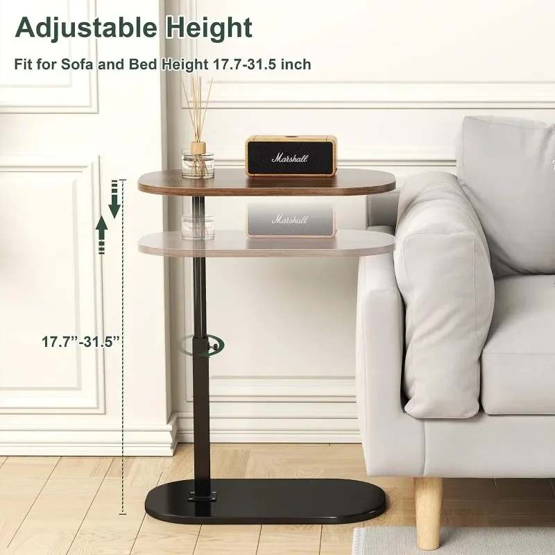 Adjustable Height C Shaped End Table, Modern Small Coffee C Table End Table for Sofa/Bed/Bathtub, Rotating Tabletop