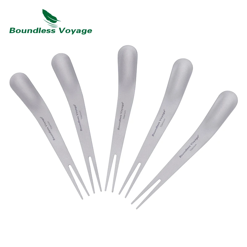 Boundless Voyage Ultralight Titanium Camping Cutlery Dual-Use Fork Spoon Set 5 Packed for Fruit, Coffee, Ice Cream Ti1126T