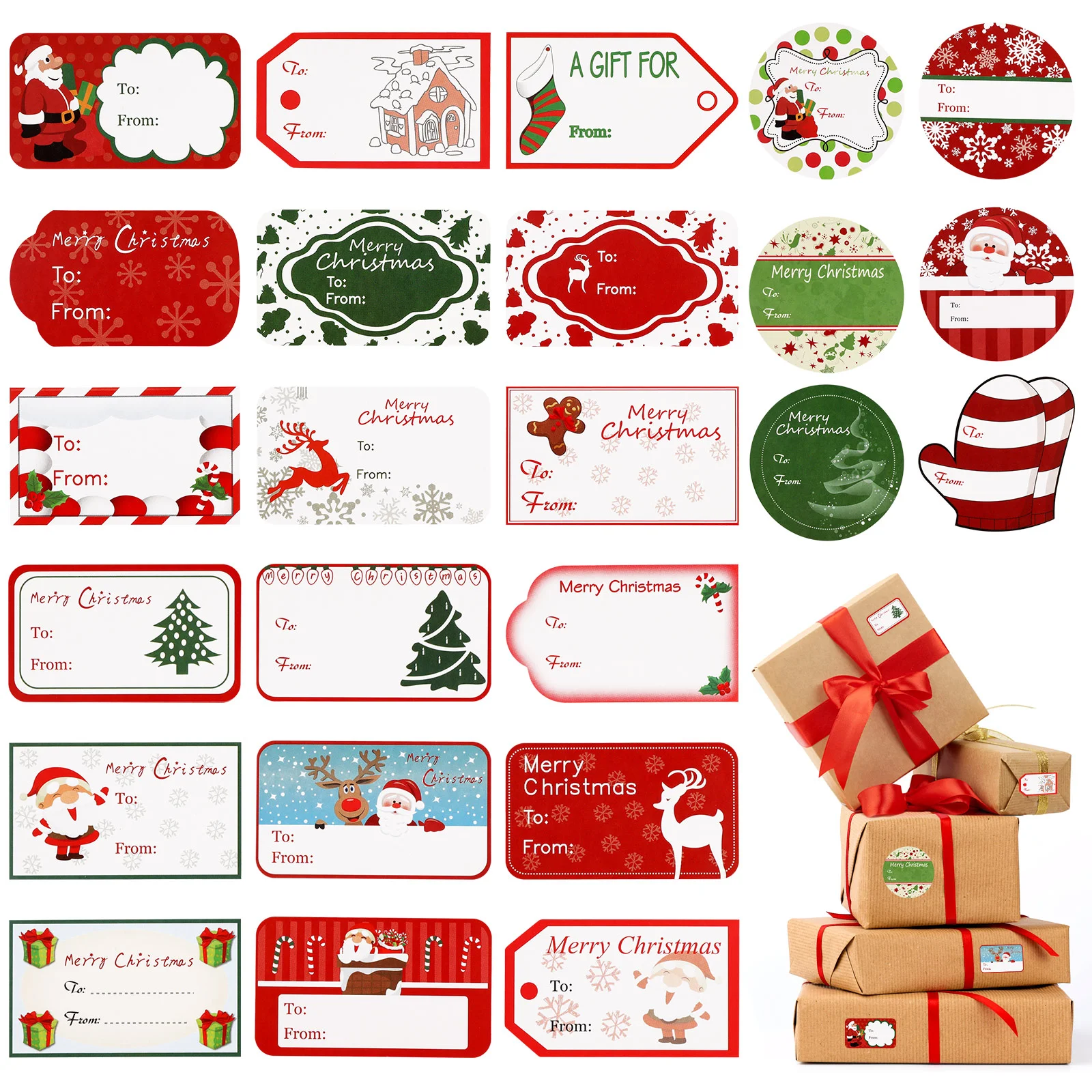 Amosfun 144 Christmas Self Adhesive Gift Tag Stickers 24 Assorted Designs Santa Snowmen Xmas Tree Deer Christmas Festival Birthd