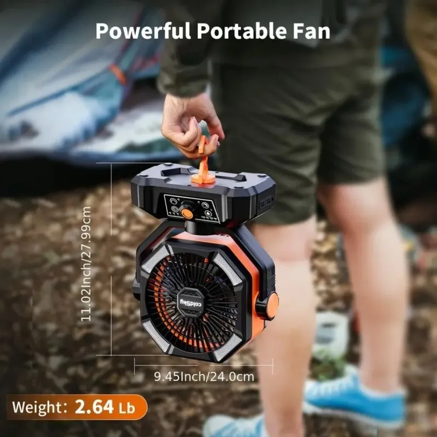 Tragbarer Campingventilator mit 20000 mAh Akku, 4 LED-Leuchten, 8 Geschwindigkeitseinstellungen, wiederaufladbarer Outdoor-Zeltventilator mit Haken, leiser USB-Ventilator