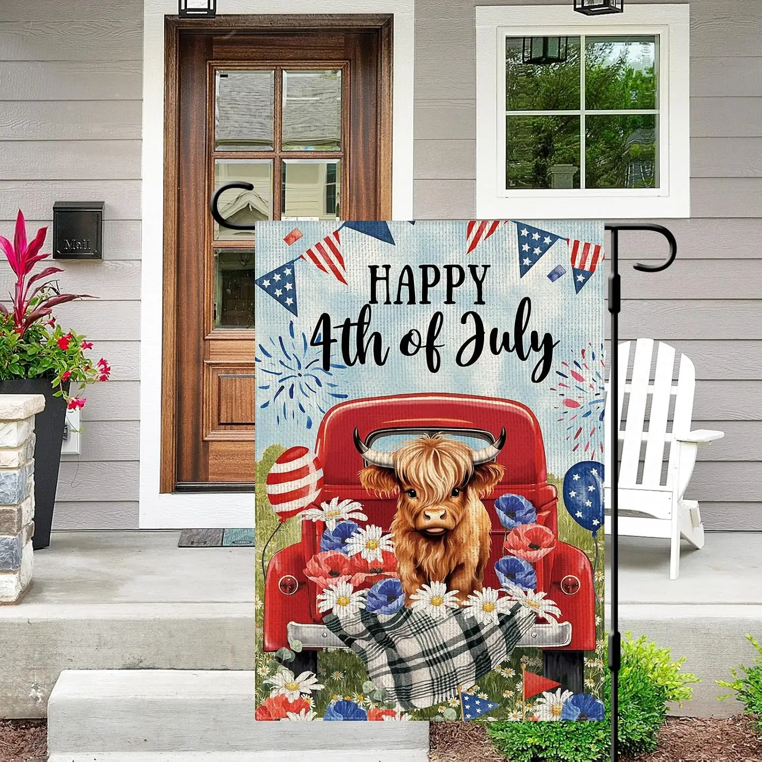 DLZDN 4th of July Highland Cow Truck Garden Flag 12×18 Inch Double Side Vertical Burlap Farmhouse Yard Sign Independence Day kkz