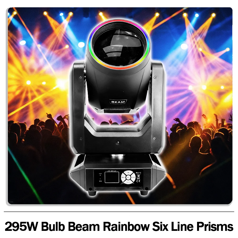 

Светодиодная лампа 295W 14R с RGB-кольцом, 2 призмами, эффектом фроста, фокусировки и радуги для дискотек, клубов, баров и сцены.