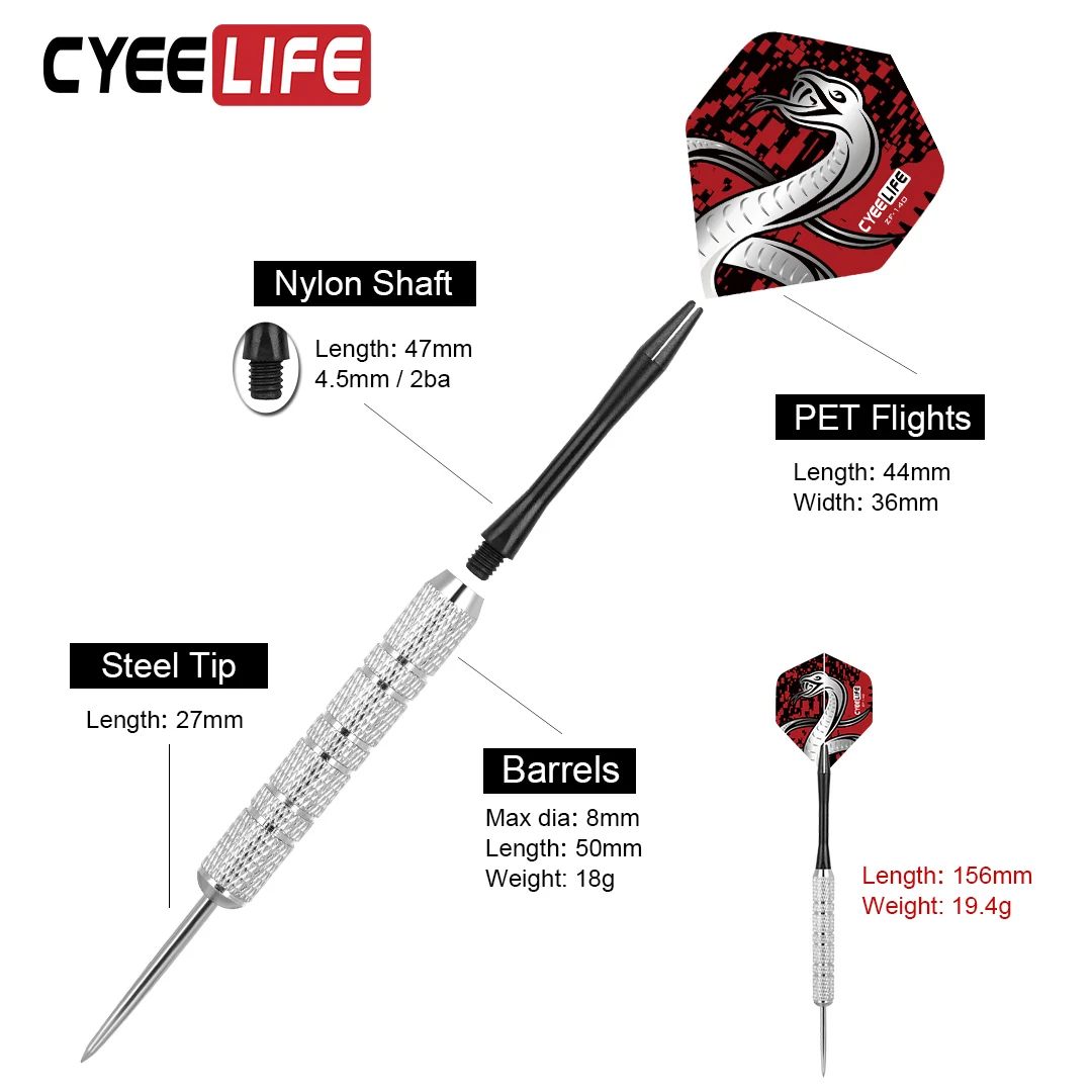 CyeeLife Steel Tip Darts met aluminium nylon as, puntenslijper, 12 stuks, 20 g, 30 stuks vluchten, 1 stuks