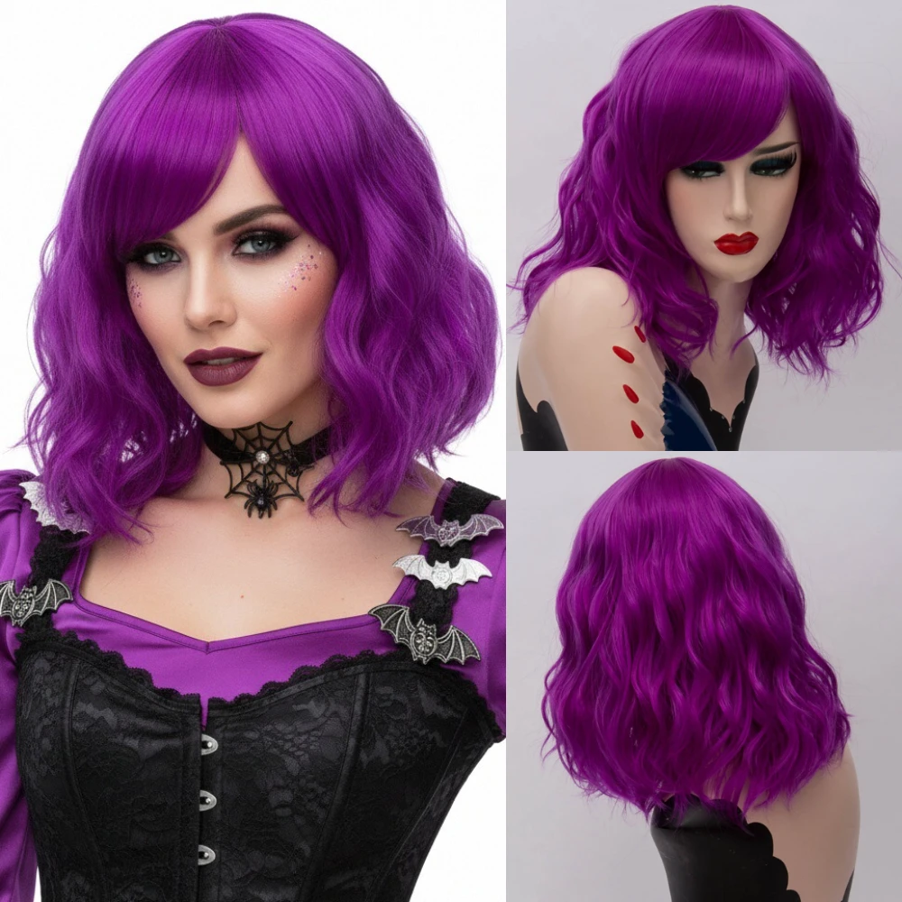 Women’s Halloween/Party Cosplay Wig Purple Short Wavy Synthetic Hair Heat Resistant with Side Bang