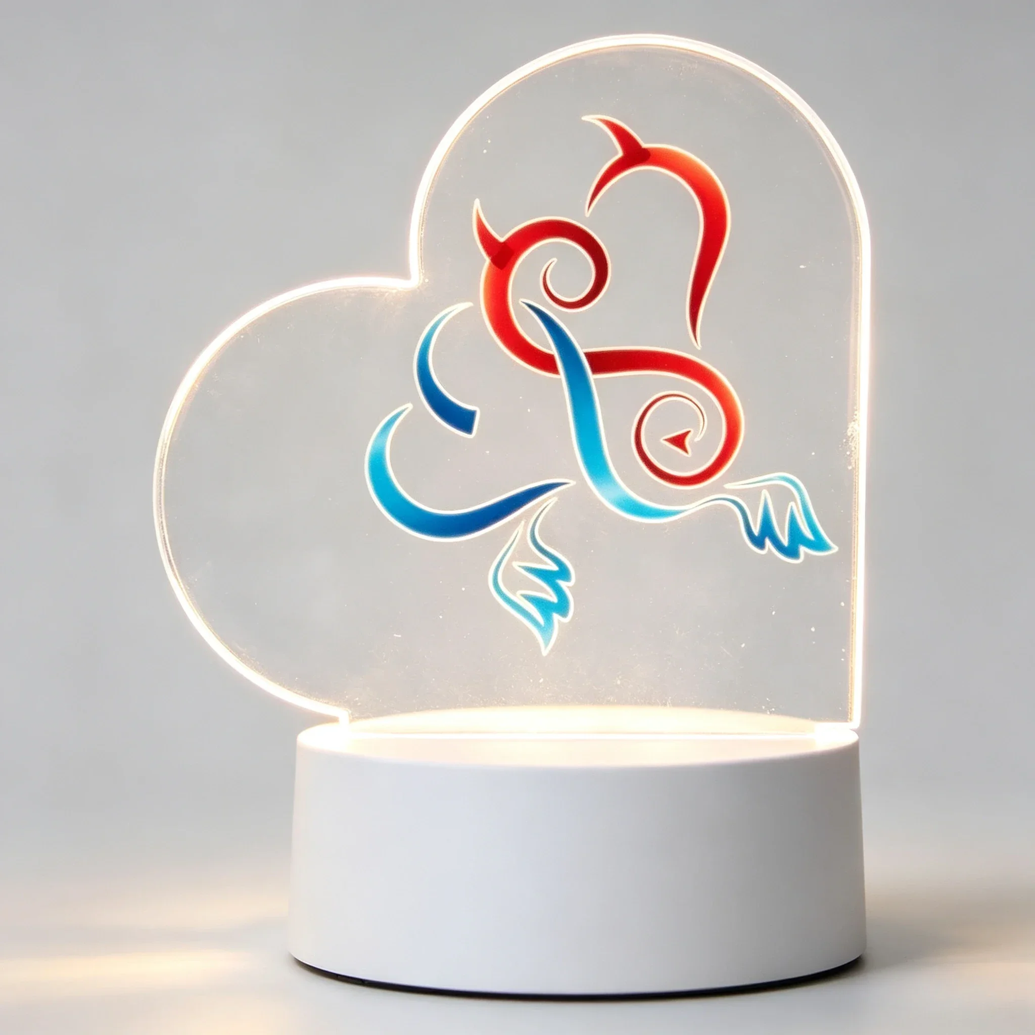 Heart Shaped Acrylic 3D Night Light Devil Angel Pattern USB Desk Lamp Bedroom Decor Lamp