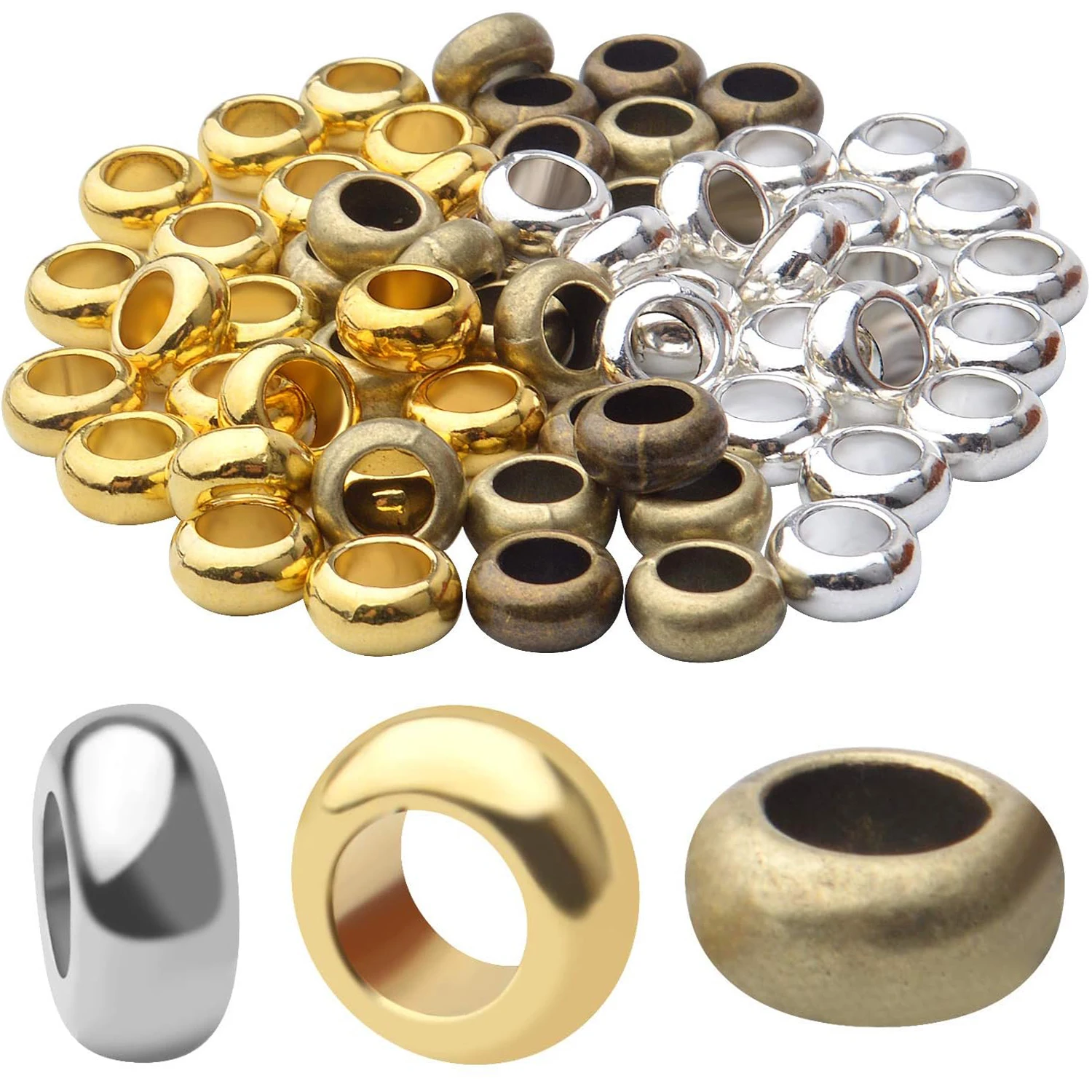

60pcs Rondelle Large Hole Spacer Beads Tibetan European Spacer Loose Hole Metal Beads for Necklace Bracelet Jewelry Making