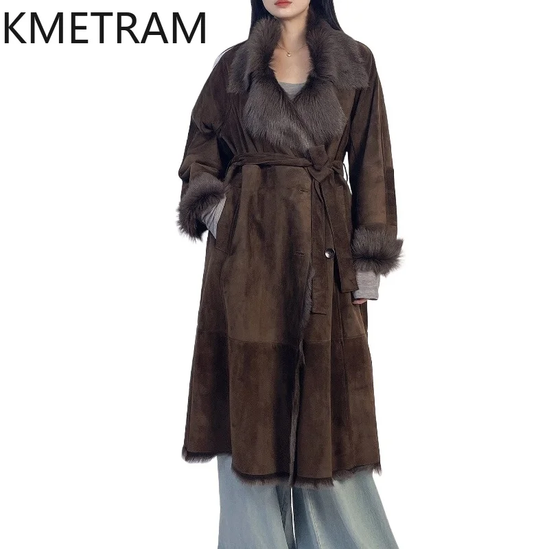 KMETRAM Натуральная козья шуба с шерстью, роскошная длинная меховая куртка, модная зимняя шуба для женщин, 110 см, 2026 шуба