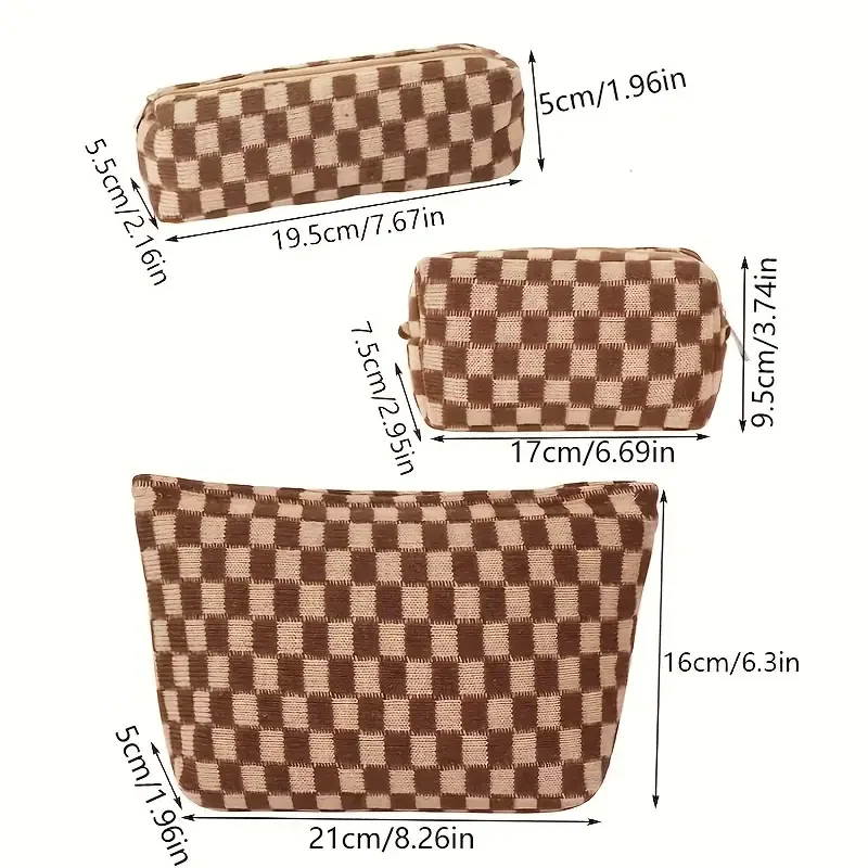 3 Pcs Makeup Bag Set Checkered Cosmetic Bag Large Capacity Travel Toiletry Bag Organizer Cute Makeup Brush Storage Bag For Women