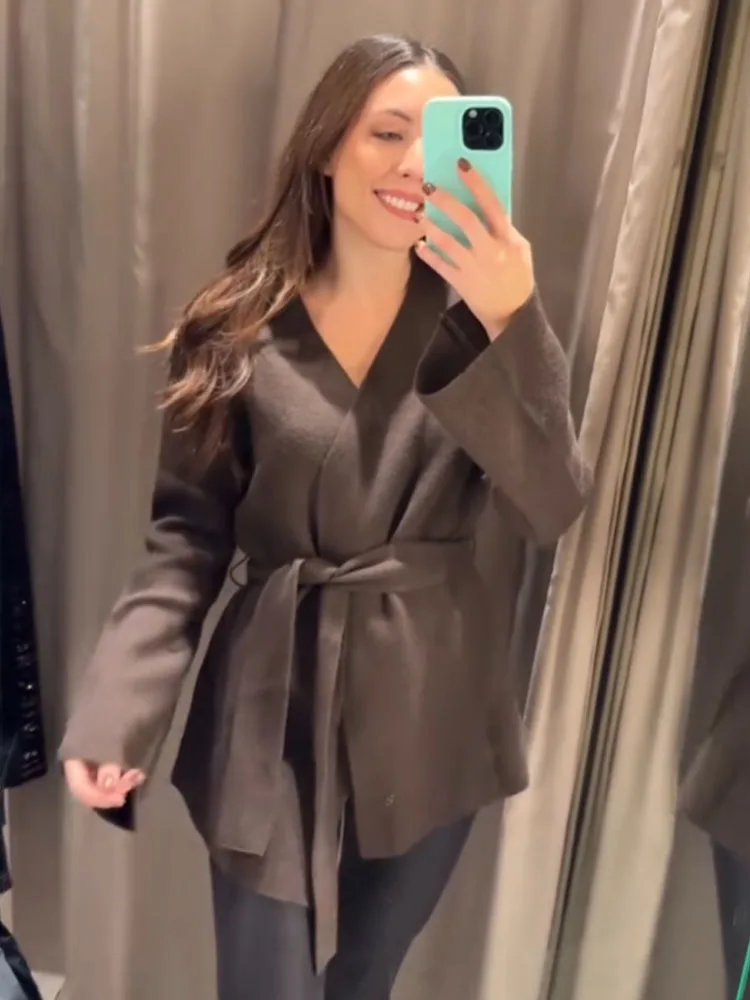 HH المرأة الموضة الرجعية تنوعا الخامس الرقبة طويلة الأكمام حزام محبوك سترة الإناث بسيطة شارع العليا سترة غير رسمية سترة معطف