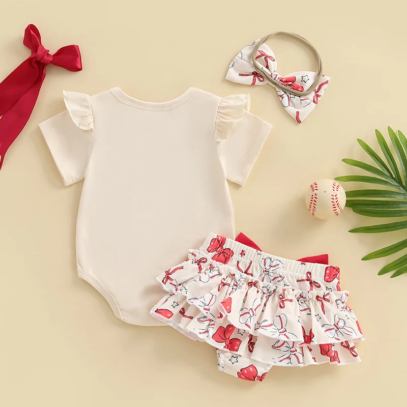 طفلة الصيف الزي البيسبول إلكتروني القوس طباعة قصيرة الأكمام رومبير تكدرت تنورة وعقال القوس مجموعة 3 قطع #3