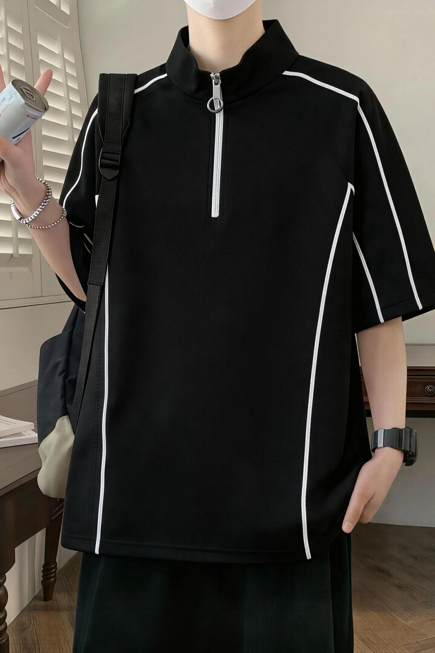 2026 Summer New Style Men's Button-down Half-Zip Polo Shirt Loose American Youth Sport T-Shirt Male
