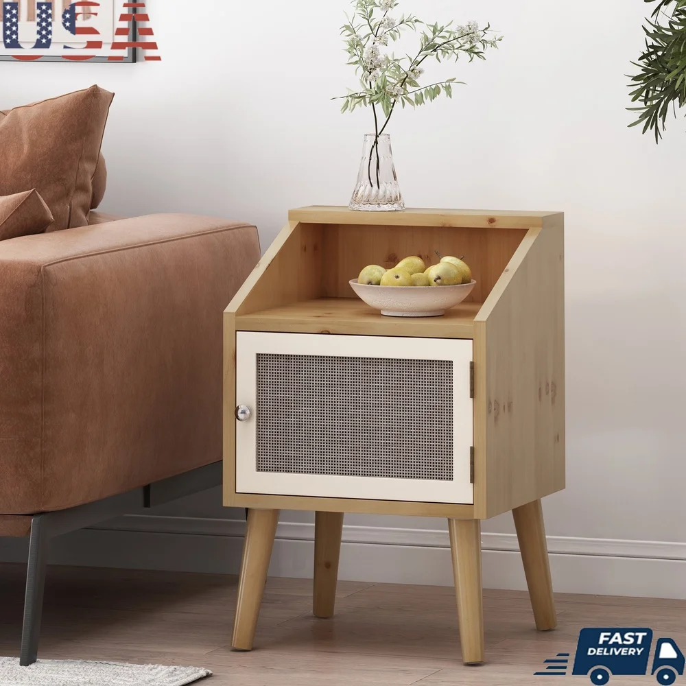 

End Table with Cabinet Open Storage Shelf Rattan Nightstand Living Room Bedroom Contemporary Indoor Decor