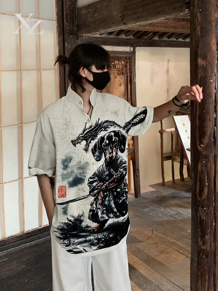 Men's Short Sleeve Stand Collar Shirt Dachshund Samurai Dragon Traditional Ink Art Print Korean Japanese Chic Summer Tops