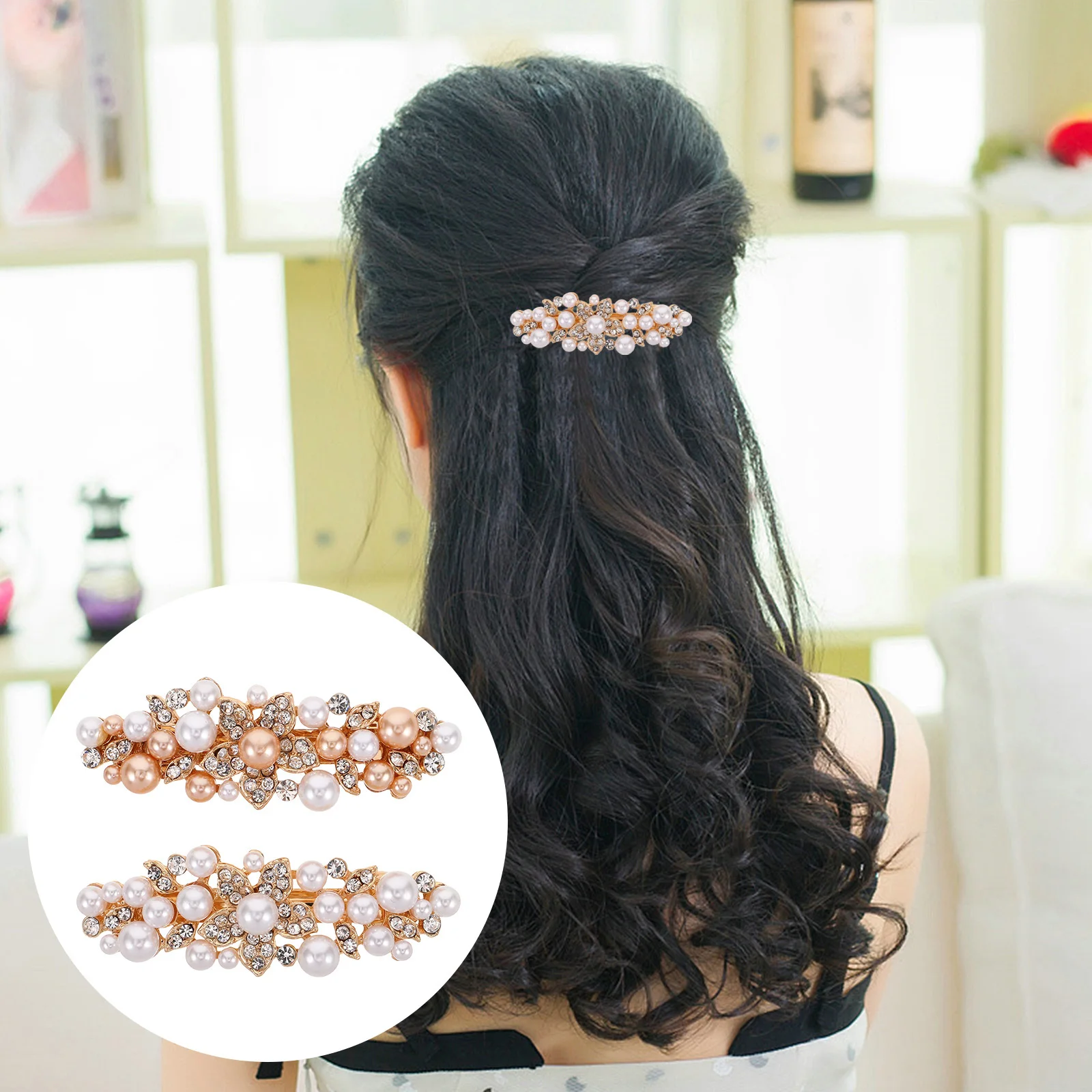 

2Pcs Rhinestone Pearl Hair Clips Minimalist Spring Clasp Decorative Barrettes Elegant Hair Accessories for Women
