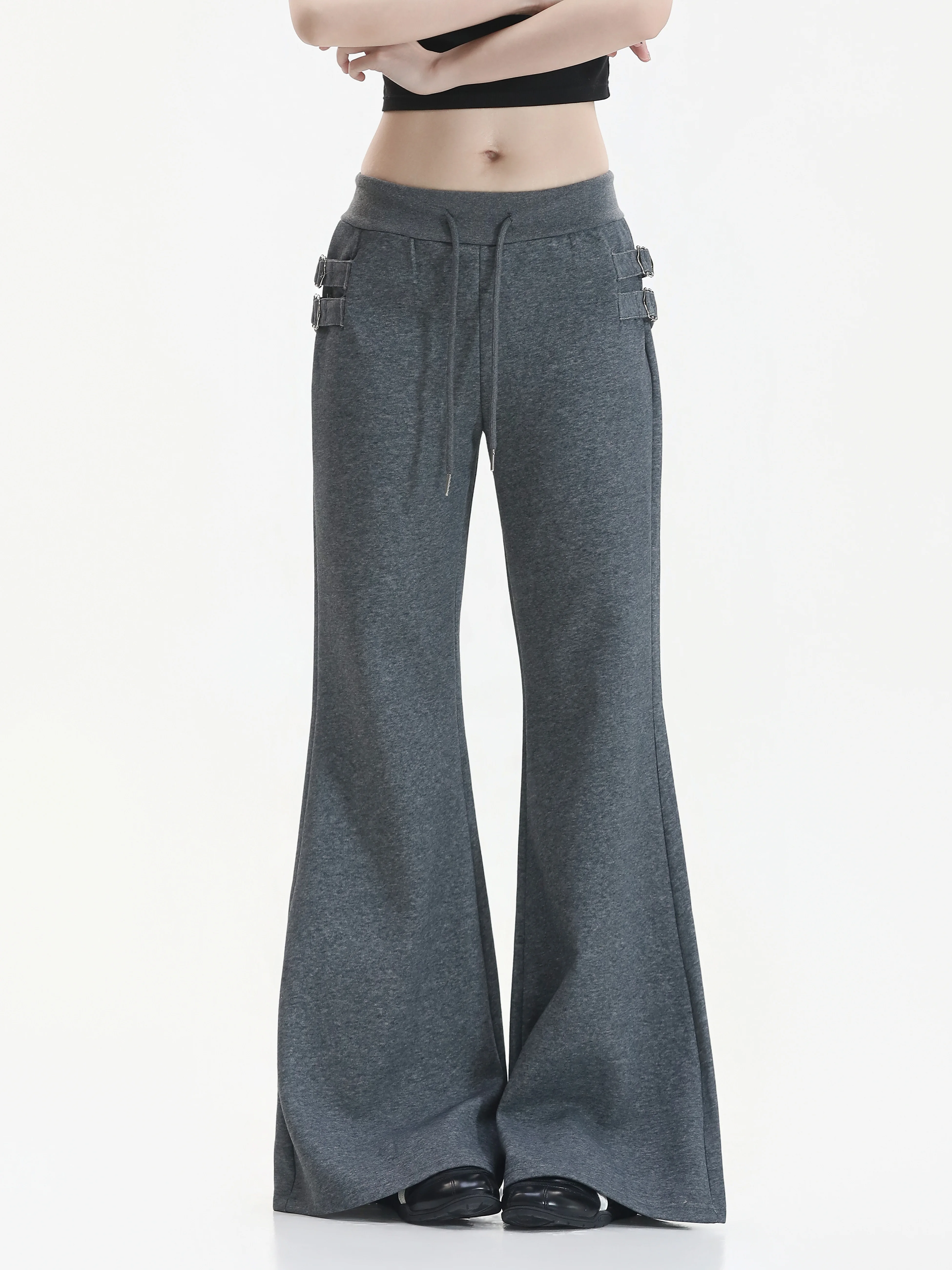 Low Waist Bell Bottom Pants Women's Slim Fit Casual Trousers American Retro Metal Buckle Belted Dragging Pants Trendy