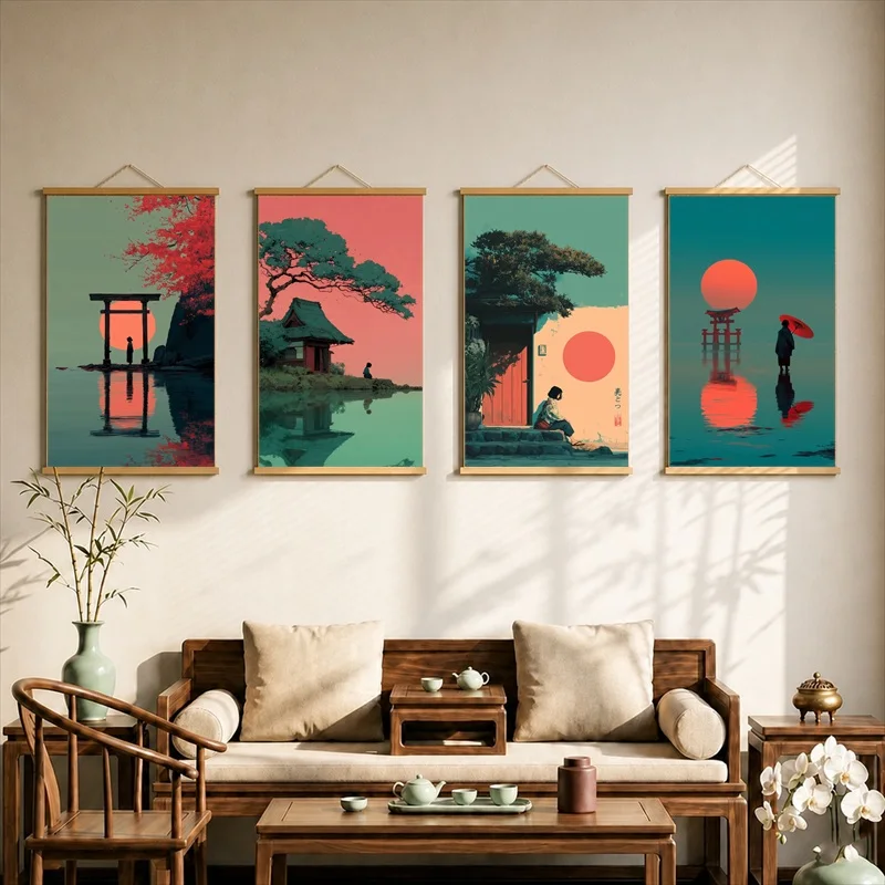 Japanese Aesthetic Nature Canvas Wall Art Hanging Scroll Peaceful Healing Landscape Print with Wooden Rods for Home Decor
