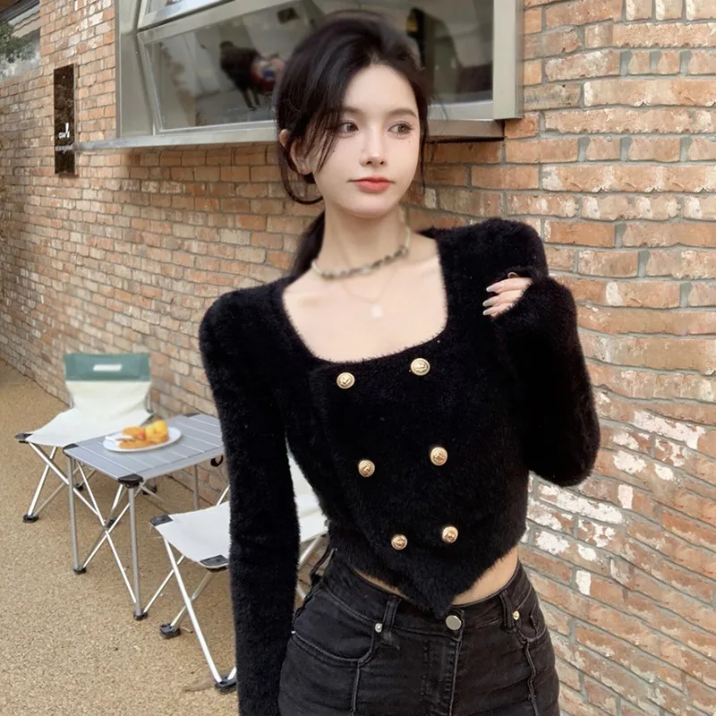 Short Style Double Breasted Mink Elegant Sweater Long Sleeve Korean Sweater Square Neck Sweet and Fashion Cardigan Tops