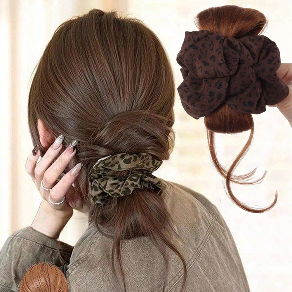 

Synthetic Messy Hair Bun Wig Hair Extensions Claw Clip Updo Hairpiece with Leopard Print Hair Tie for Women Daily Use Low Updo