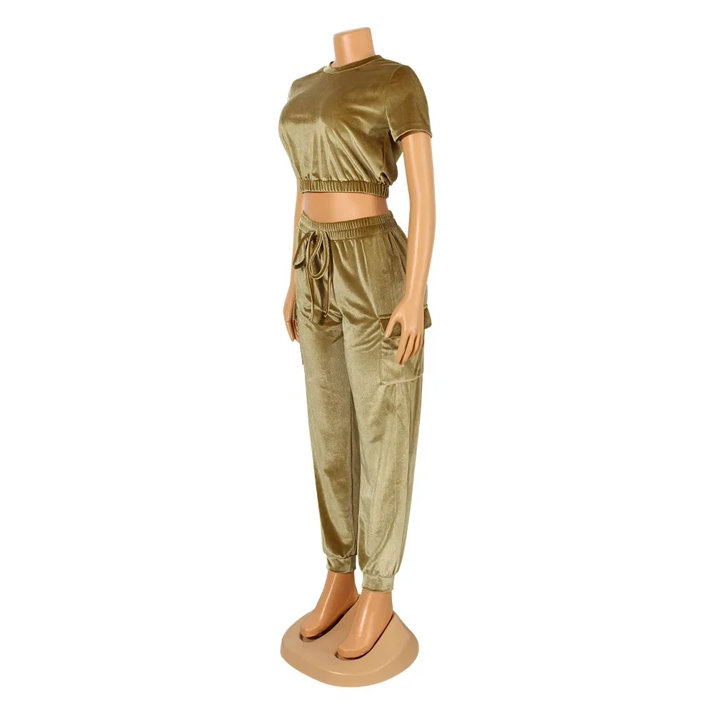 Active Velvet Women Pants Suit +Short Sleeve O-neck T-shirt Casual 2024 Cargo Street Two 2 Piece Set Outfits Tracksuit