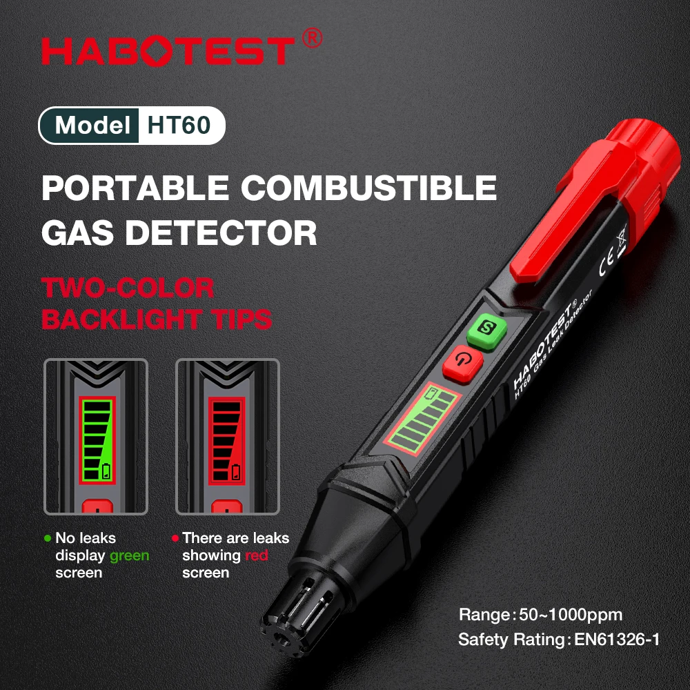 HABOTEST HT60 Portable Gas Leak Detector Handheld Combustible Gas Leak Tester Gas Analyzer with Audible & Visual Alarm