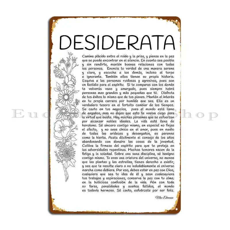 Desiderata-Póster en español, cartel de Metal, placa de pared, decoración, diseños de Pub, cartel de estaño
