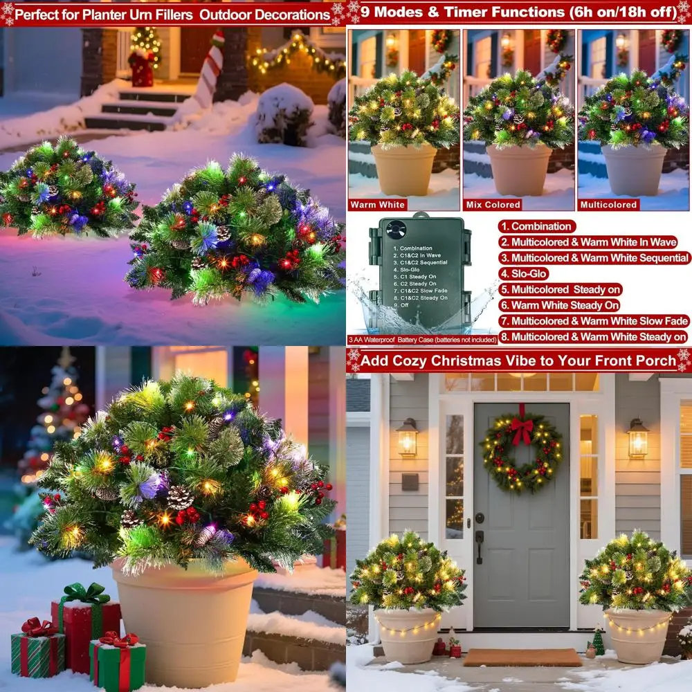 

24 Dual-Color Lighted Christmas Tree Outdoor Urn Filler with 8-Mode Timer and Snowy Pinecone Berries for Xmas Yard Decor