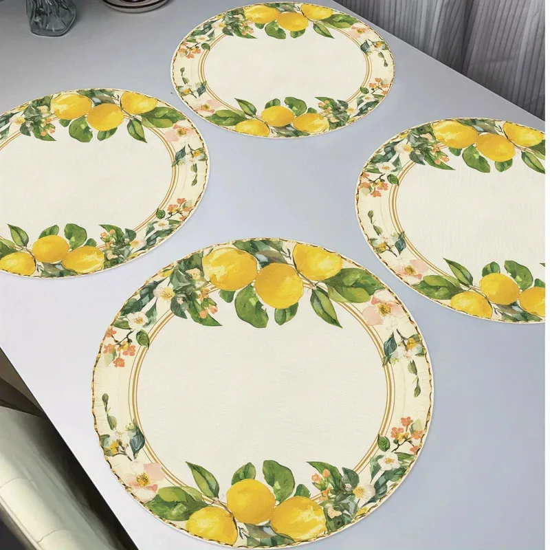 VIKAMA Round Placemat 4-Piece Set Fresh Lemon Pattern Non-Slip Suitable for Kitchen Dining Tables Home Decor