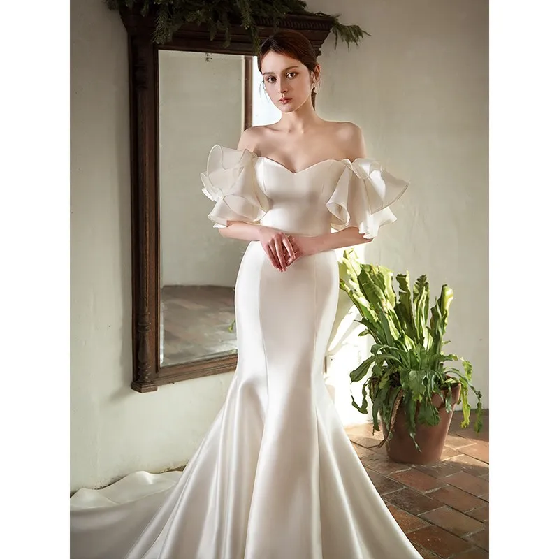 Vestido De novia De sirena De satén, traje clásico con cuello en V, con cordones, trompeta, personalizado, novedad