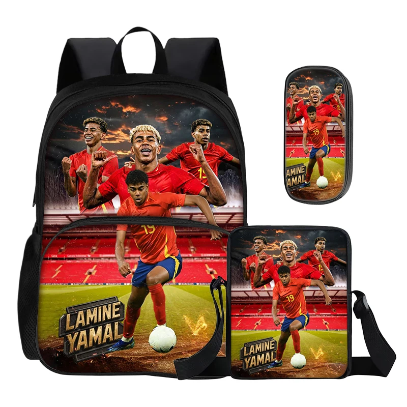 3Pcs set with Front Pocket Backpack Shoulder Bags Pencil Bag L-Lamin Yamal Kids Backpack Football Star Rucksack