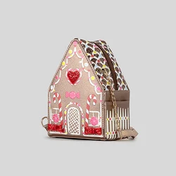 Creative Gingerbread House Shaped Crossbody Bag for Women Love Hearts Bow Deco Rhinestone Shoulder Bags Funny Cute Chains Purses