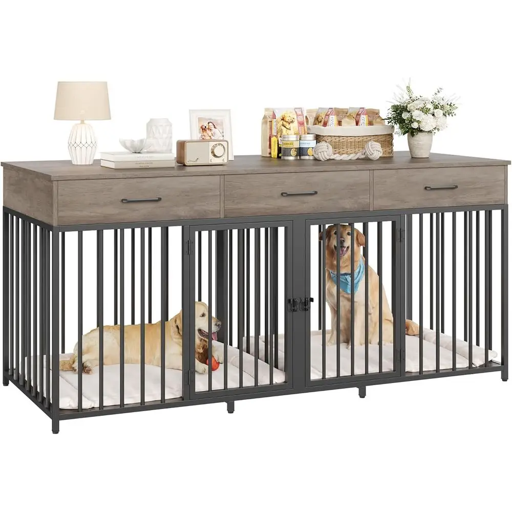 

71 Wide Indoor Dog Kennel, 3 Door Heavy Duty Crate, Removable Divider, Wooden Pet House for 2 Large/Medium Dogs, Ash Grey