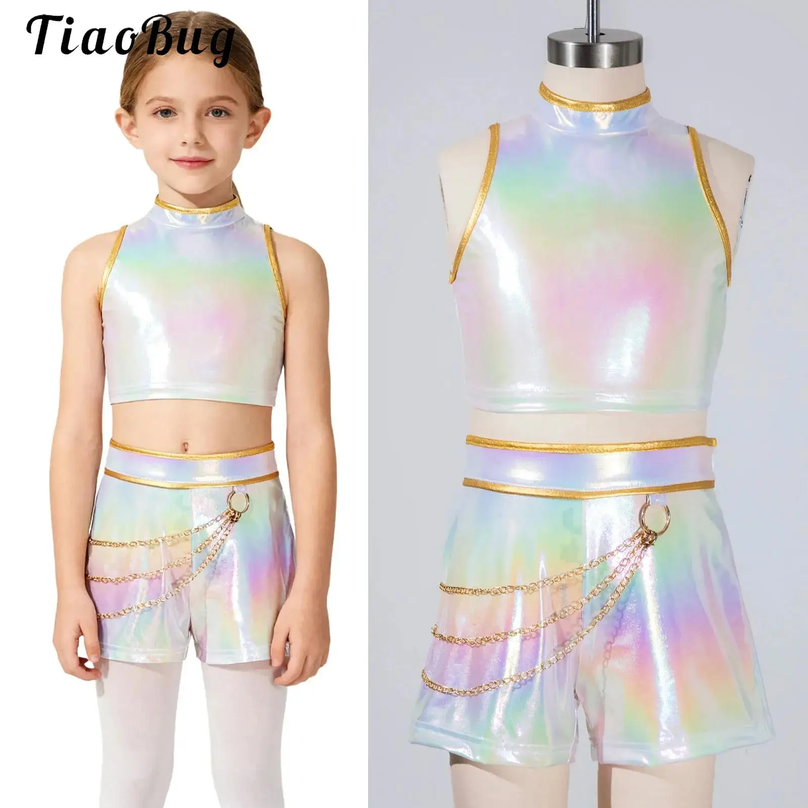 

Hunter Singer Outfits for Kids Girl Halloween Concert Demon Cosplay Iridescent Gloss Crop Top and Waist Chain Shorts Dance Set