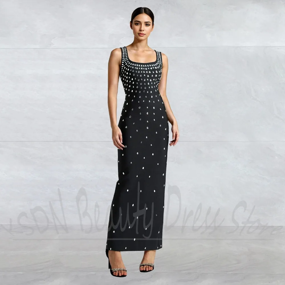

Luxury Crystal Women Dresses Square Collar Straight Evening Gowns Daily Casual Basics Fashion Ankle Length Party Dresses
