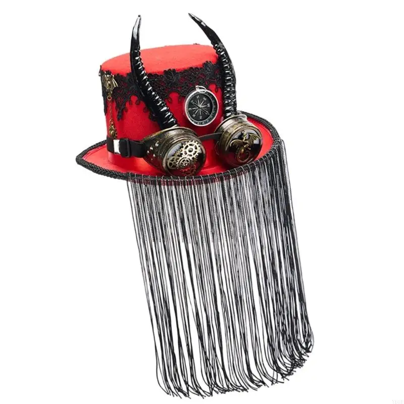 Steampunks Goggle Mit Fransen Dekoration Ziege Horn Kappe Top Cap Kopfbedeckung Für Cosplay Outdoor Event Y08E – Detail 2