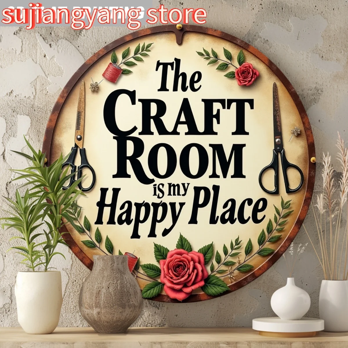 لافتة ألومنيوم مسطحة ثنائية الأبعاد، قطعة واحدة لتزيين جدران الغرفة اليدوية - "غرفة الحرف اليدوية هي مكان سعيد"، نمط ريفي 8 × 8 بوصة جدار مستدير #1