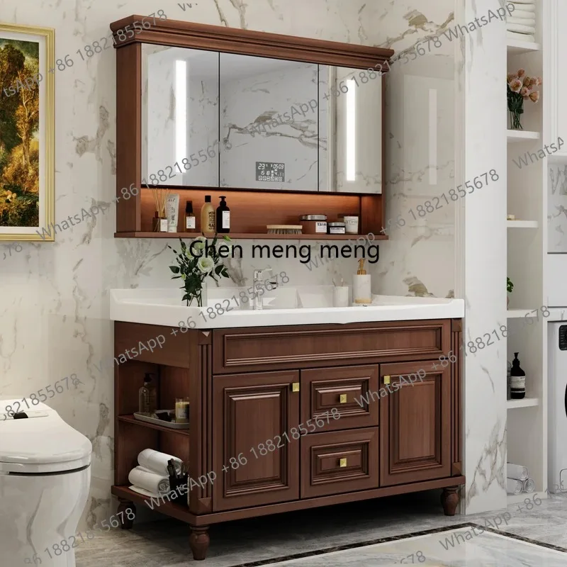 

Solid Oak American-Style Bathroom Vanity with Ceramic Integrated Modern Smart Mirror Included Handwashing Basin Furniture