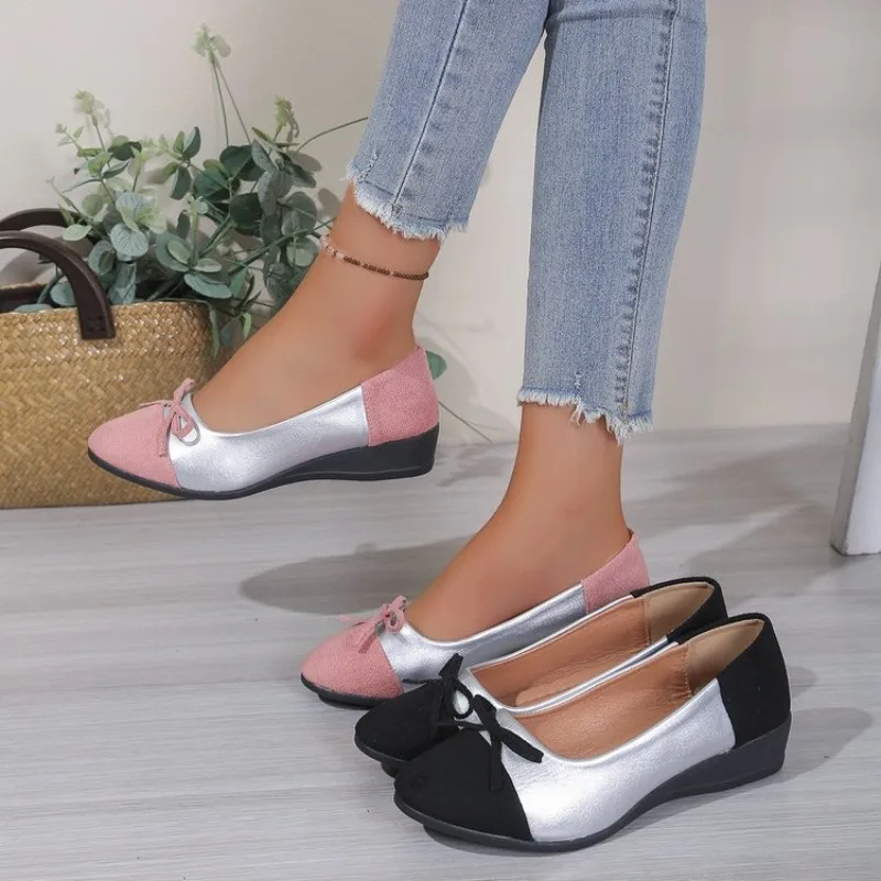 Summer 2026 Large Size Slip-On Casual Color Block Butterfly Knot Outdoor Wear Single Shoes Round Toe Mid Heel Rubber Outsole