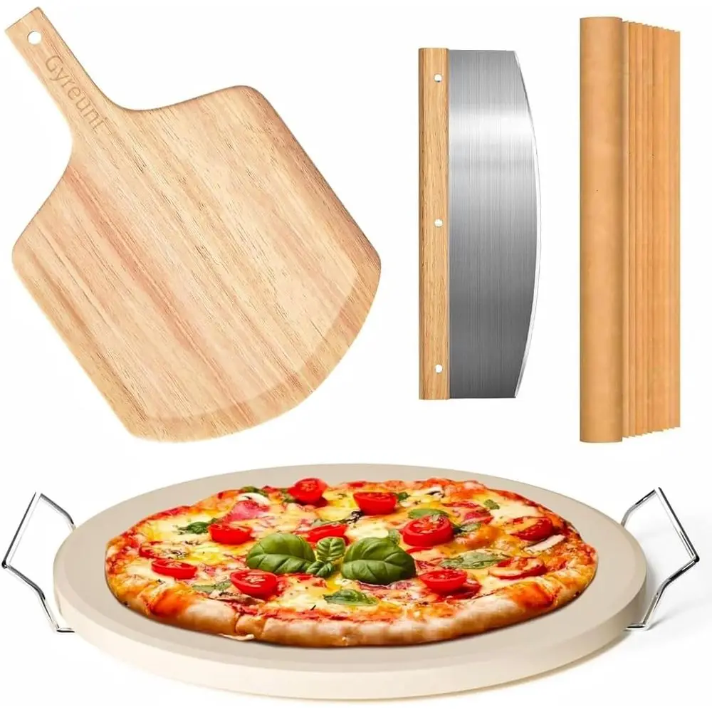 

13 Round Pizza Stone Set with Peel, Rack, Cutter, and 10 Paper Liners for Oven & Grill