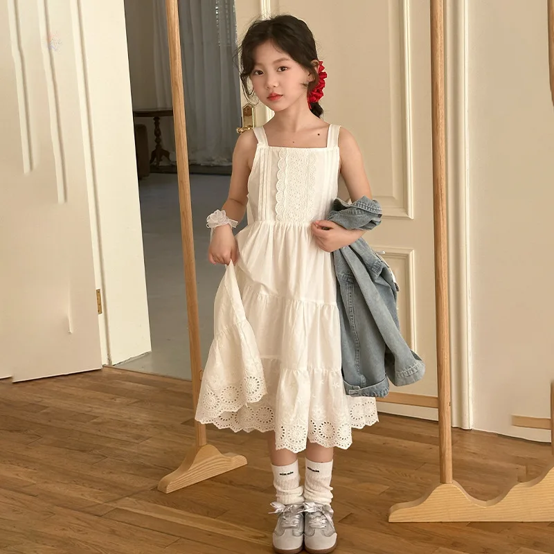 Girls Skirt 2025 Summer New Children's Clothing Korean Style Girl Baby Fashion Pure Color Lace Halter Skirt Casual Simple Daily
