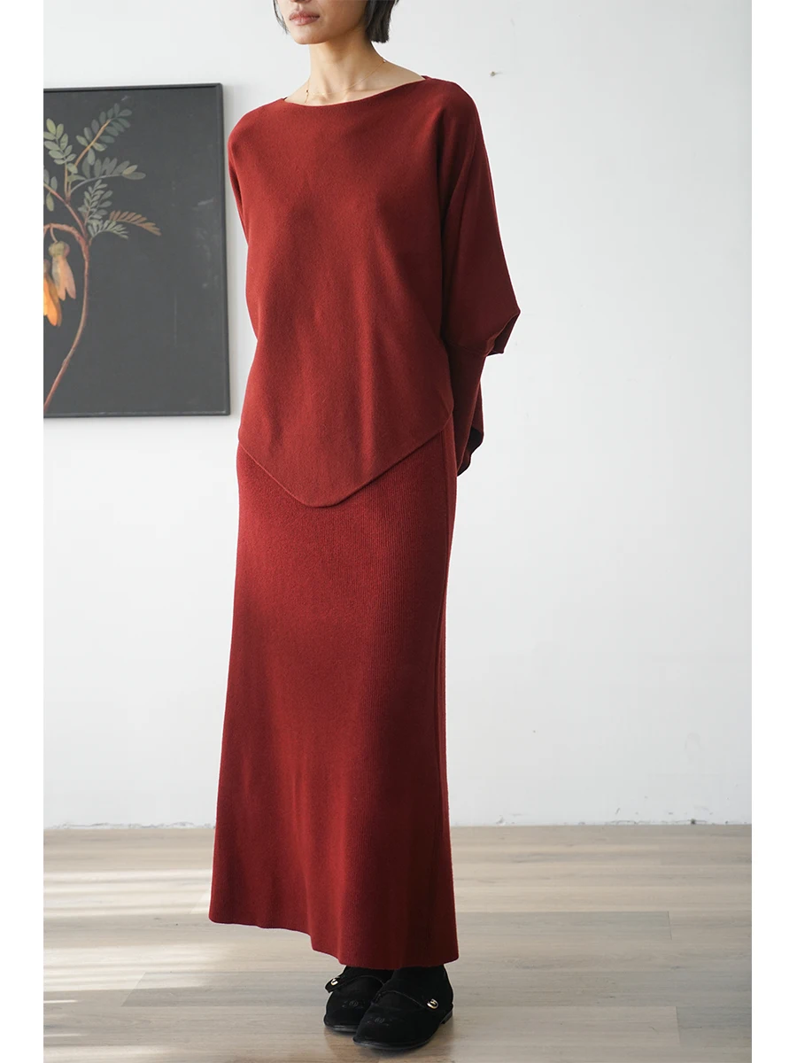 

Lazy Batwing Sve Knitted Two-Piece Set Autumn Winter Warm Thiened Women's Loose Fit round Ne Pure Color Faion Sle