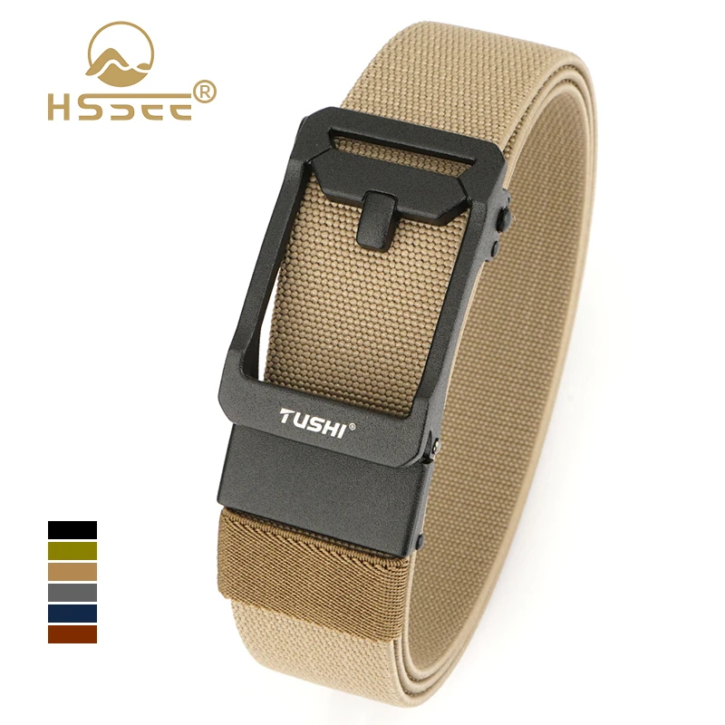 HSSEE 3.4cm Elastic Belt for Men Tight Nylon Outdoor Casual Belt Matte Black Metal Automatic Buckle Work Belt Waistband Male