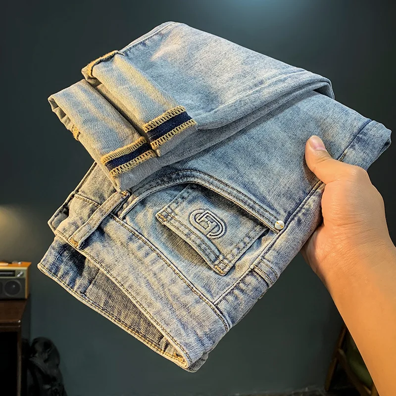 Pantalones vaqueros de lujo de gama alta para hombre, elásticos, cónicos, versátiles, con relieve de personalidad, a la moda, 2024