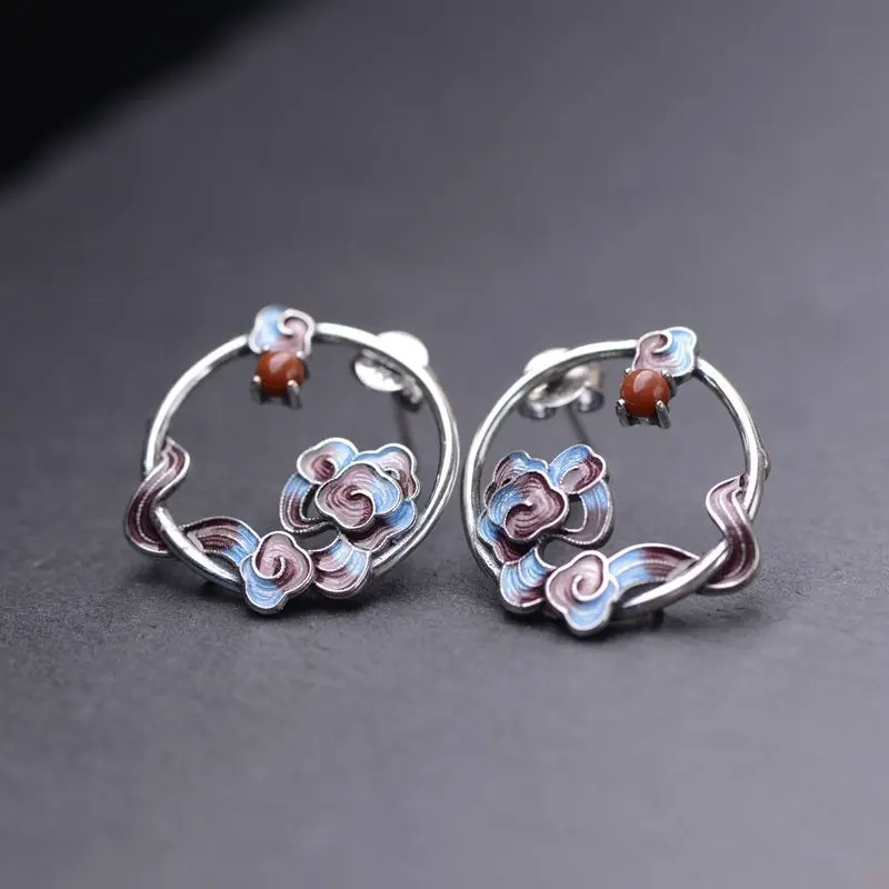 S925 Sterling Silver Vintage Cloisonne Enamel Agate Cloud Motif Stud Earrings Bohemian Ethnic Style Adjustable Gift for Women