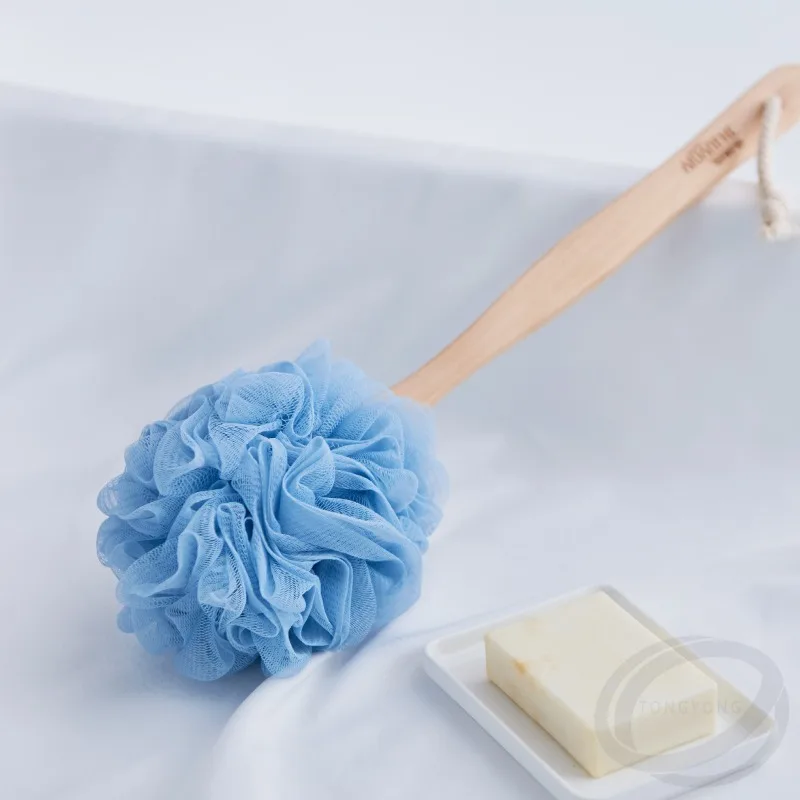 1PCS Long Handle Wooden Bath Brush Mesh for Skin Exfoliating Ball Flower Back Scrubber Back Sponge Scrubber for Men and Wom