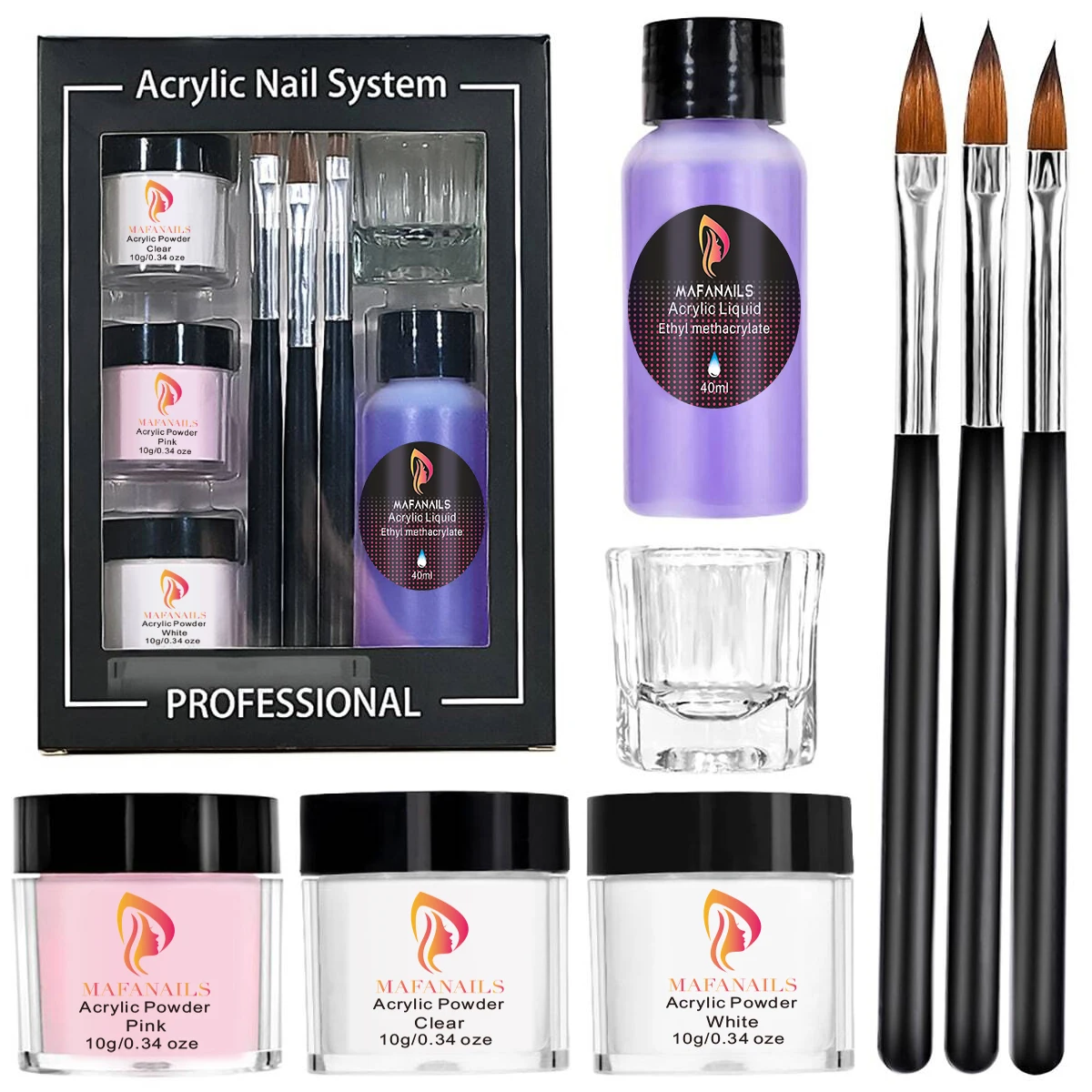 8 Stuks/Kit Acryl Poeder & Vloeibare Set 10G * 3jar Acryl Poeder + 40Ml Acryl Vloeistof + 3 Stuks Acryl Pen + Glazen Beker Diy Extension Poeder