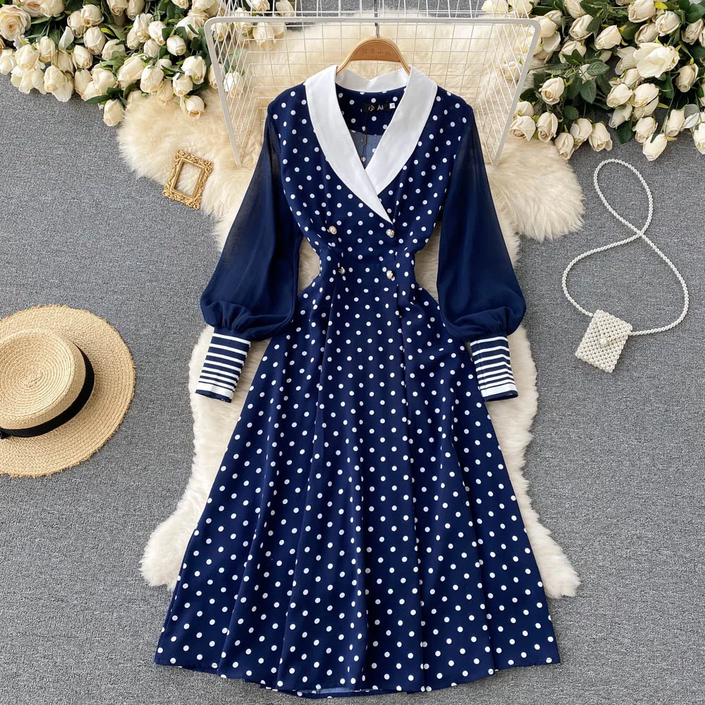 

D262 Women's New Fashion Spring Autumn Retro V-neck Slim Elegant Polka Dot Printed A-line Dress Elegant Vintage Korean Vestidos