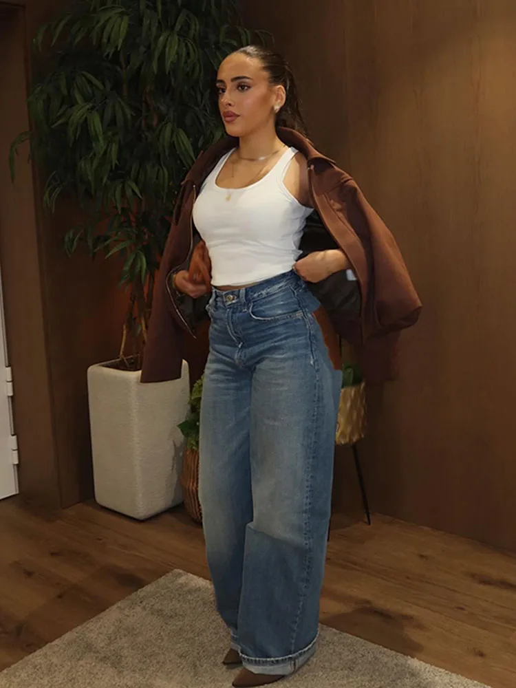 HH Women's Spring New Fashion Loose Long Pants Denim Blue High Waist Pockets Button Zipper Trousers Female High Street Jeans